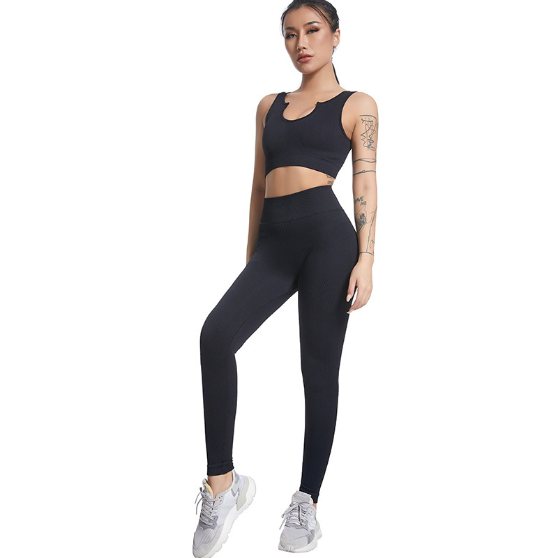 [Customized Processing] Seamless Vertical Thread Trousers Bra Yoga Suit Female Moisture Wicking Skinny Workout Clothes