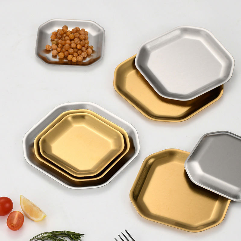 304 Korean-Style Stainless Steel Octagonal Dish Square Plate Tableware Golden Barbecue Plate Pickle Dish Creative Dish