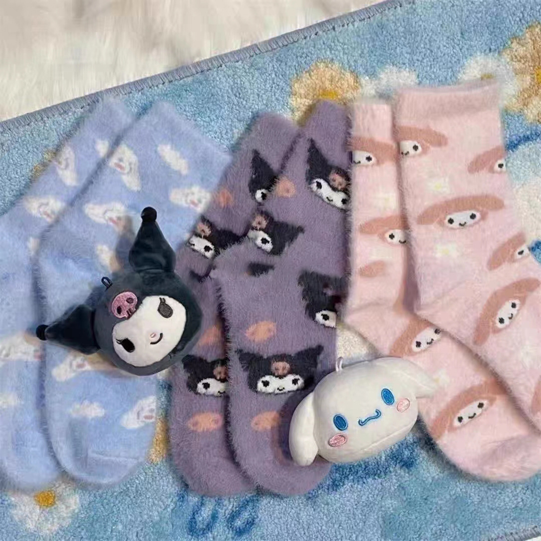 Sanrio Melody Cinnamoroll Babycinnamoroll Mink Fur Socks Women's Autumn and Winter Thermal Home Wear Room Socks Thick Sleep Maternity Socks