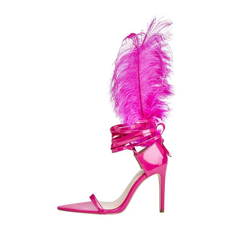 2024外贸新款羽毛高跟鞋女细跟性感露趾欧美夏季绑带尖头凉鞋