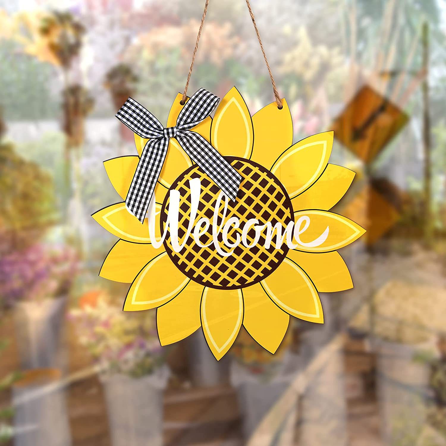 新款向日葵欢迎木质门牌 家居室内室外装饰迎宾木制挂牌带蝴蝶结