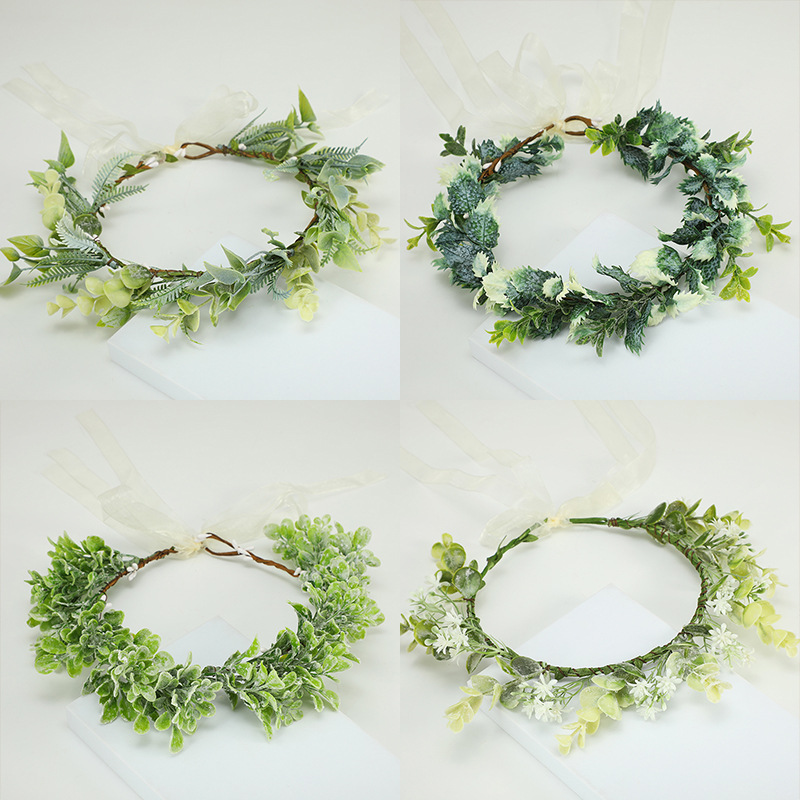 新款小清新仿真树枝薄荷叶艾草叶森系塑胶枝新娘超仙花环头饰现货