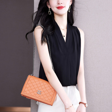 衬衫女设计感小众无袖夏季薄款白色衬衣港风短袖缎面v领上衣