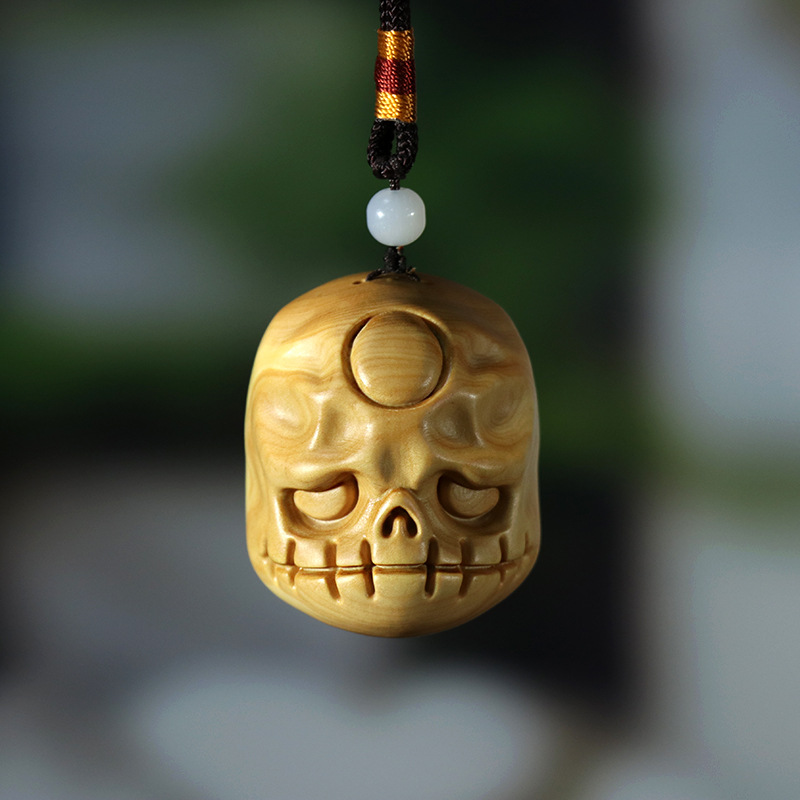 黄杨木雕阿呆骷髅头手把件吊坠钥匙扣木质车挂件文玩随身把玩饰品
