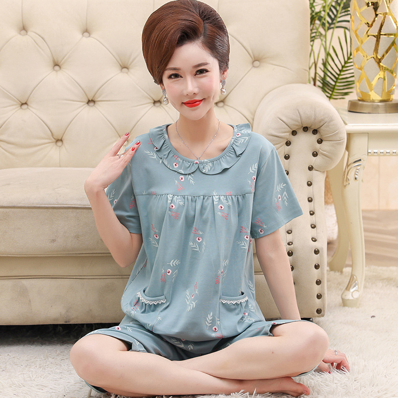 Middle-Aged and Elderly Pajamas Women's Summer Cotton Mom Cropped Pants Home Wear Middle-Aged plus Size Short Sleeve Shorts Suit