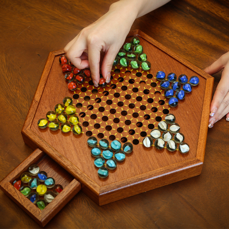 Checkers Glass Ball Children's Educational Wooden Two-in-One Chessboard Large Adult Version Parent-Child Hoodle Agate Beads Checkers