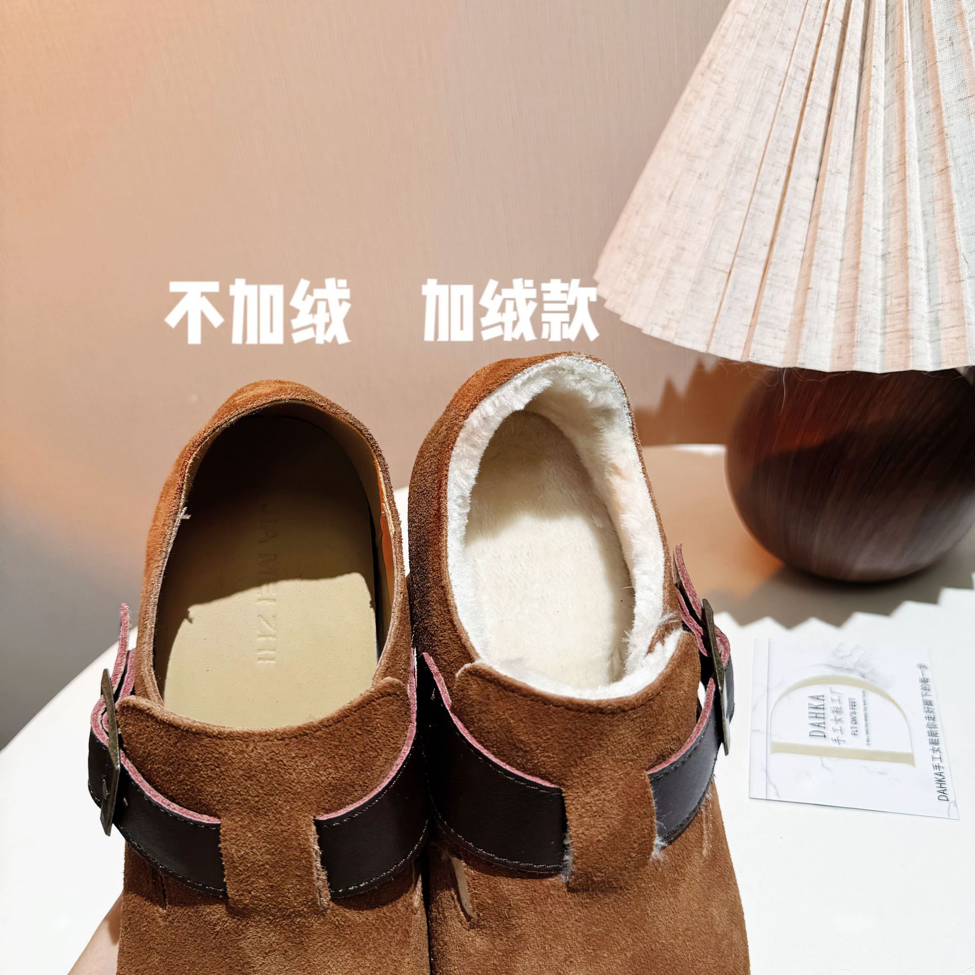 日系加绒单鞋毛毛鞋复古真皮勃肯鞋女鞋子2022秋冬季新款保暖棉鞋