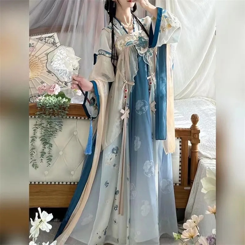 春夏新款超仙汉服女 齐胸古风套装吊带裙 汉元素刺绣印花纱裙古装