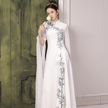 中式旗袍白色晚礼服成人走秀演出服大合唱团指挥表演古筝艺考夏季