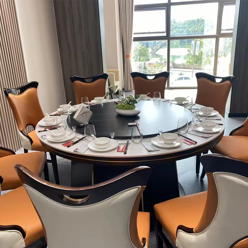 新中式酒店 电动大圆桌饭店包厢餐桌椅 多人别墅会所餐厅实木家具