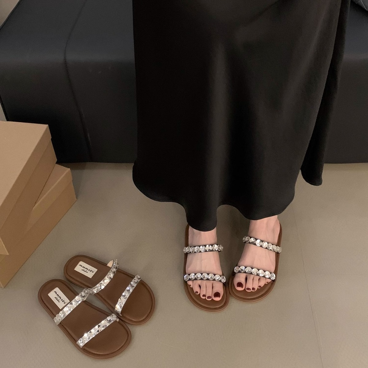 平底水钻一字拖鞋女鞋子外穿2024新款夏季高级感软底凉拖气质凉鞋