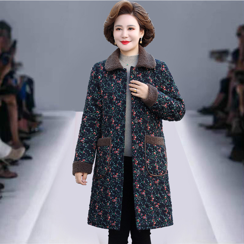 妈妈装冬装花色棉衣中老年女装加绒加厚过膝长款棉服大码棉袄外套