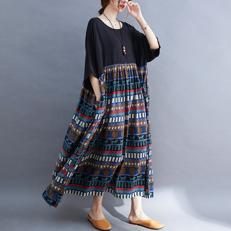 大码女装2021夏季新款复古减龄宽松显瘦圆领短袖撞色大摆连衣裙