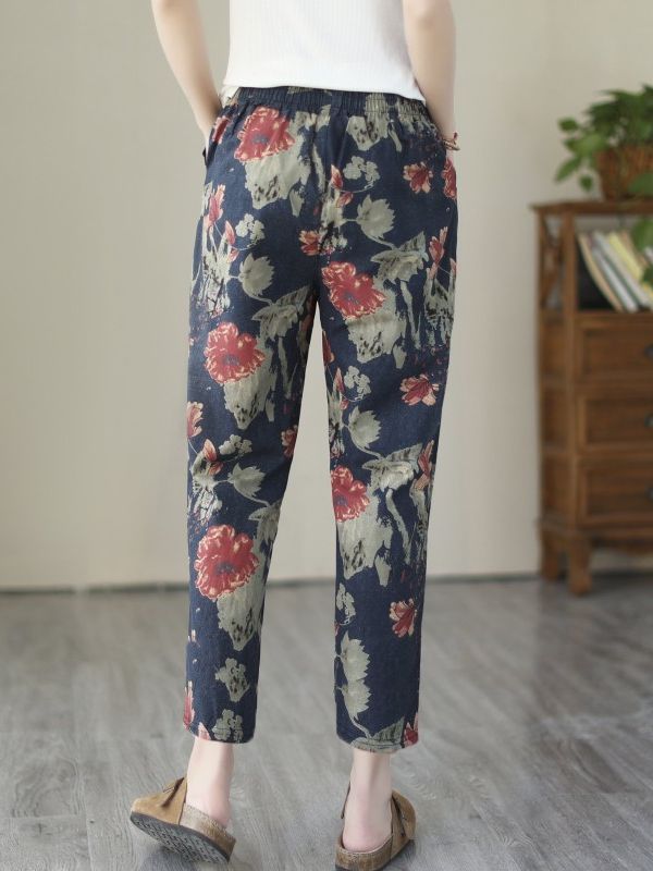 Cotton Summer Artistic Harem Pants 2023 New Printed Cropped Cotton and Linen Casual Pants Loose Mom Cropped Pants