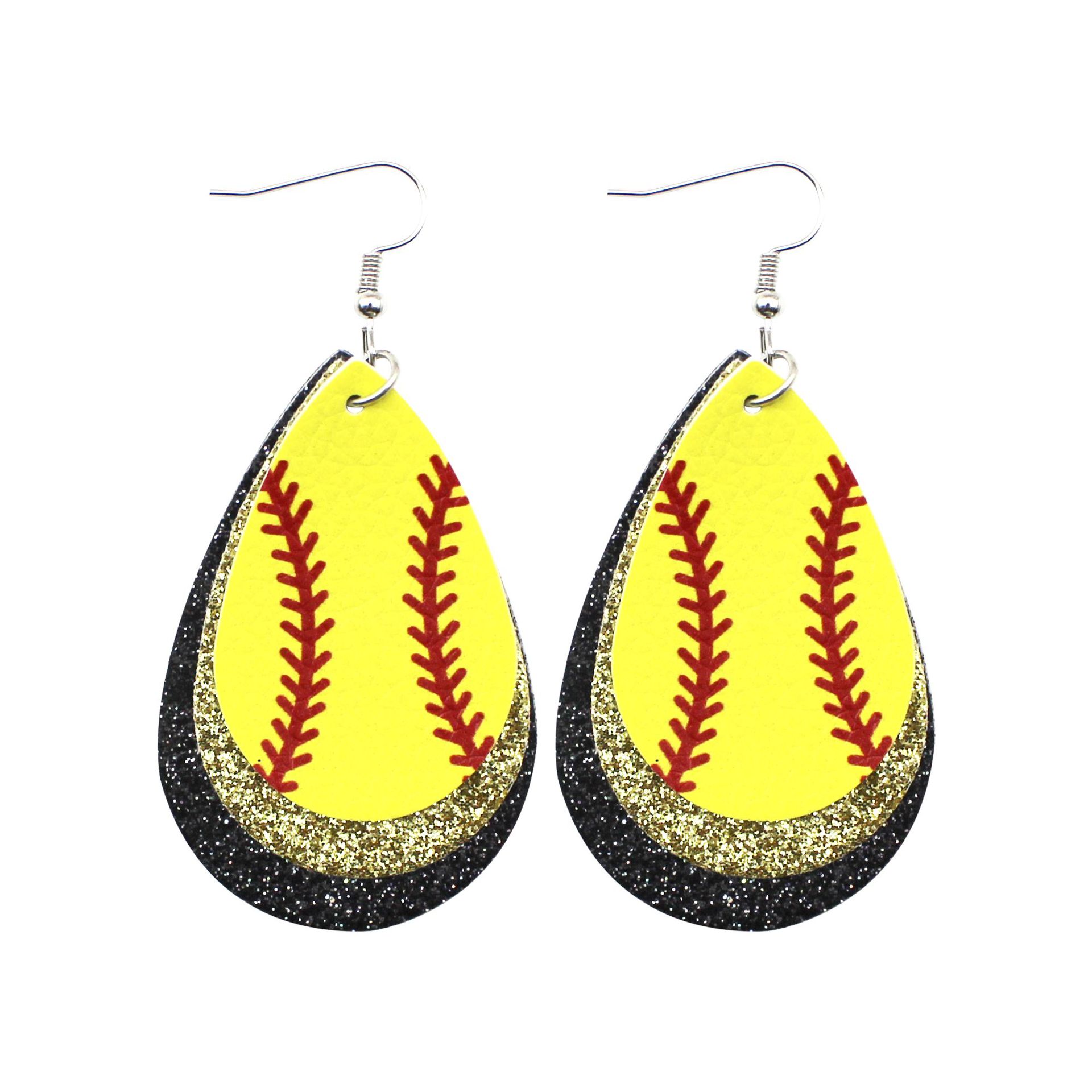 Leather Baseball Theme Earrings Glitter Pu round Heart Water Drops Baseball Texture Three-Layer Earrings Cross-Border Amazon