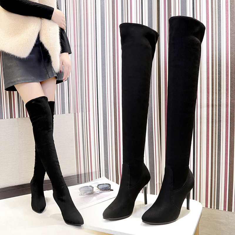过膝长靴女秋冬弹力细跟尖头高跟鞋女细跟绒面长筒韩版靴子-阿里巴巴