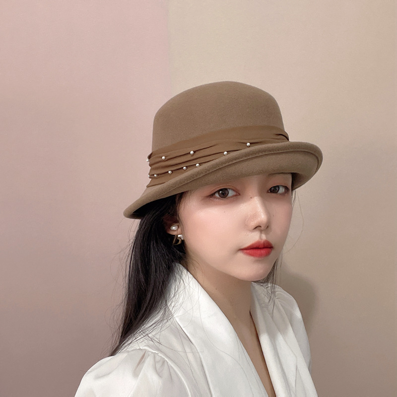 秋冬日本款羊毛呢珍珠折邹布装饰卷边女复古休闲日搭女盆帽渔夫帽