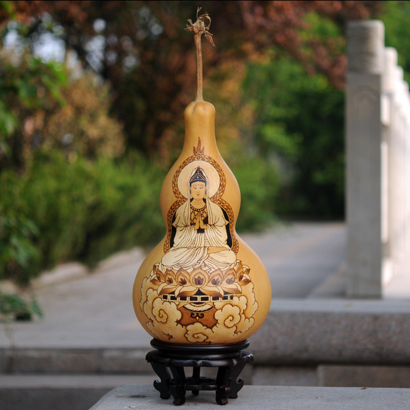 精品天然烫画纯手工烙画大葫芦摆件观世音菩萨佛像家居工艺品包邮