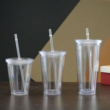 跨境直供双层塑料吸管杯 16oz亮片插卡透明平盖礼品450ML纯色水杯