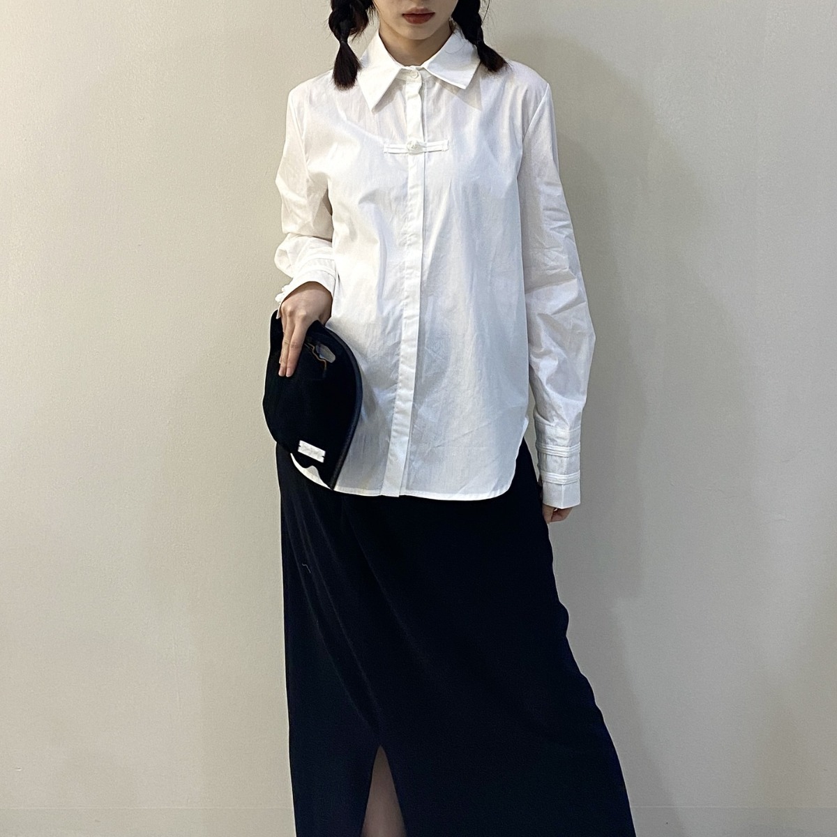 hechen十三行轻古风长款衬衣新款女装气质国风搭配上衣盘扣白衬衣