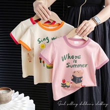 棉质女童短袖运动T恤夏季2024新款中小童休闲洋气小熊儿童装半袖