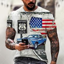 跨境独立站男士圆领短袖欧美式3D印花 66号公路字母时尚男士T恤衫