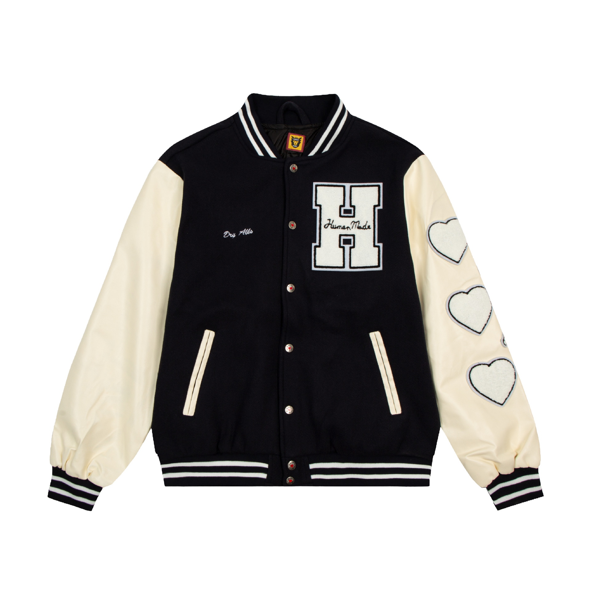 高版本human made棒球服毛呢皮毛巾绣贴布撞色男女情侣款爱心外套