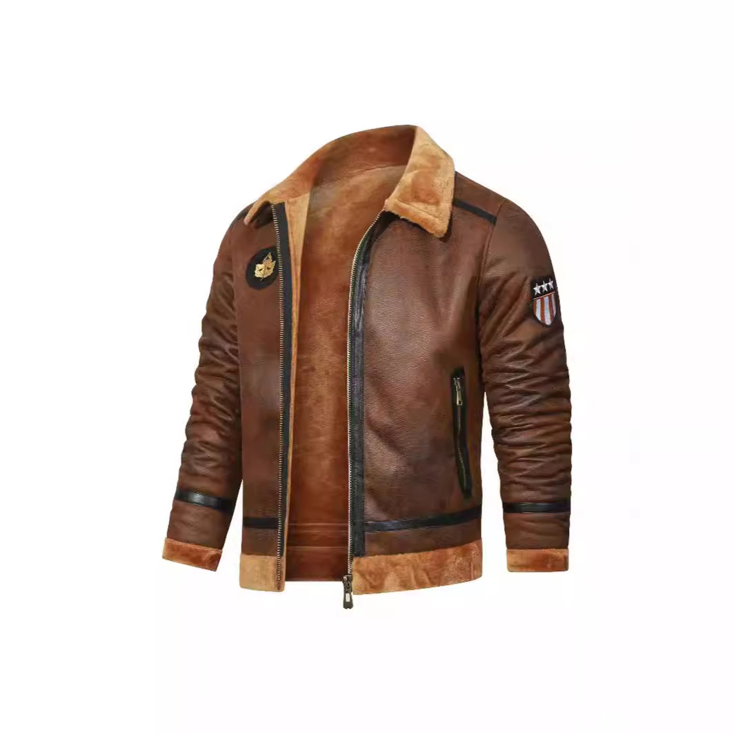 跨境秋冬男装皮毛一体外套男绣标拼接男款皮衣麂皮绒加厚男士夹克