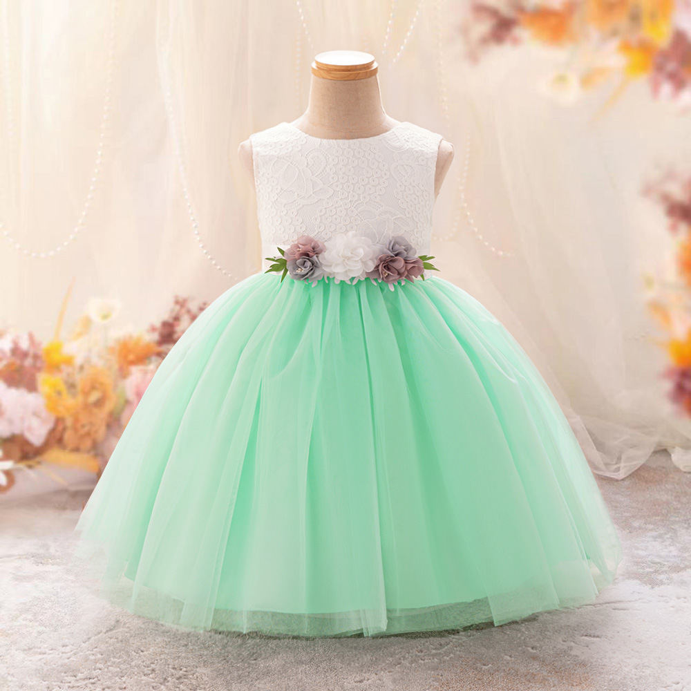 欧美新款儿童礼服裙无袖拼色花朵网纱小女孩生日公主