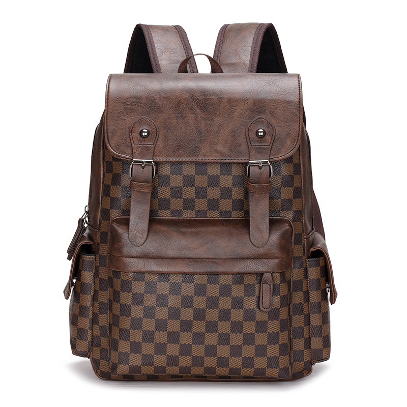 Cross-Border Men's Pu Leather Backpack Trendy Plaid Business Travel Waterproof Computer Handbag All-Matching Casual Backpack