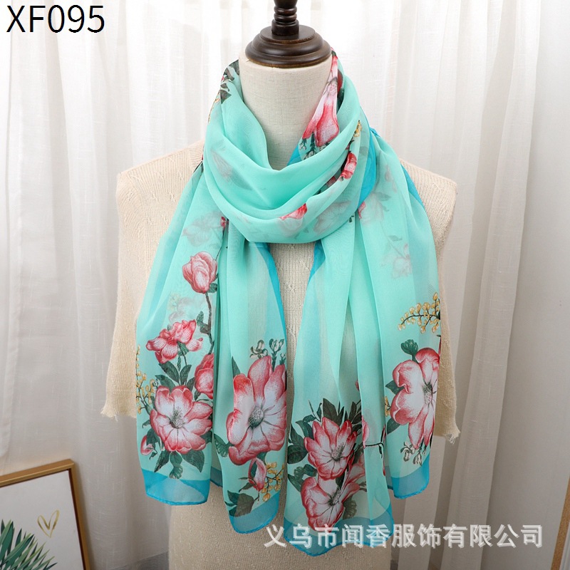 New Printed Silk Scarf Women's Chiffon Scarf Spring and Summer Sun Protection Shawl Autumn and Winter Warm Scarf Middle-Aged Mom Silk Scarf