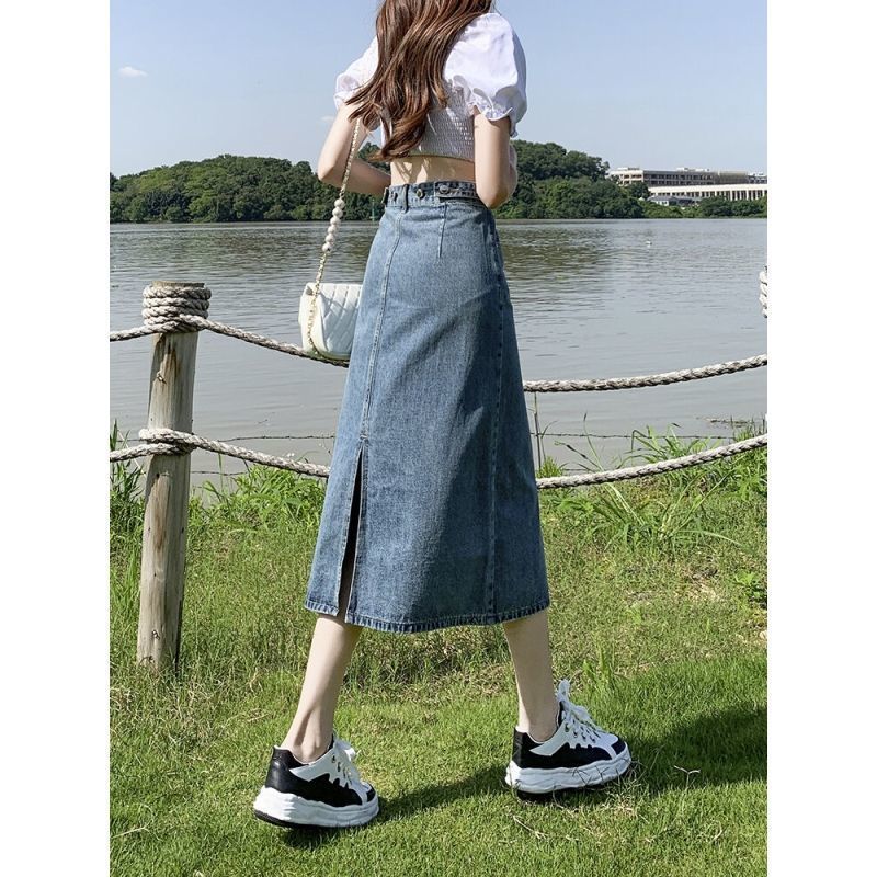 Denim Skirt Women's Small Back Slit Denim Skirt 2022 High Waist A- line Slimming Mid-Length Hip Skirt