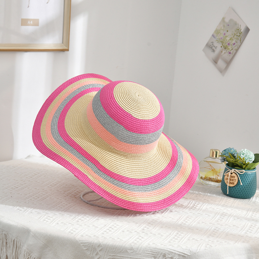 Summer Sun Hat Korean Style New Black and White Striped Wide Brim Beach Straw Hat Sun Protection Sun Hat Straw Hat Female Summer