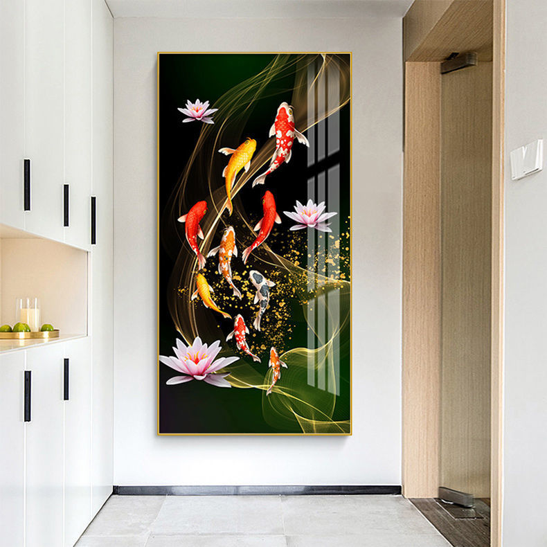 轻奢玄关装饰画招财九鱼图背景墙画现代简约走廊过道竖版客厅壁画