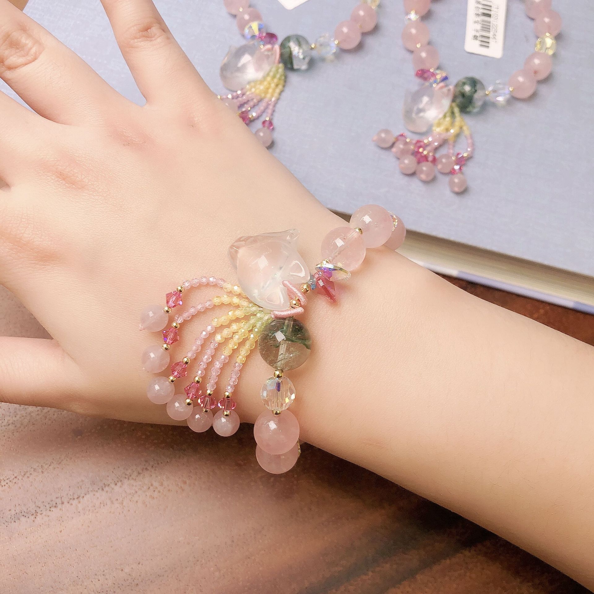 天然马达加斯加粉晶手链女葫芦狐狸奥地利水晶手串diy