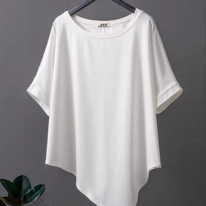 2024夏季新款不规则女士t恤短袖圆领蝙蝠衫大码上衣宽松遮肉轻薄