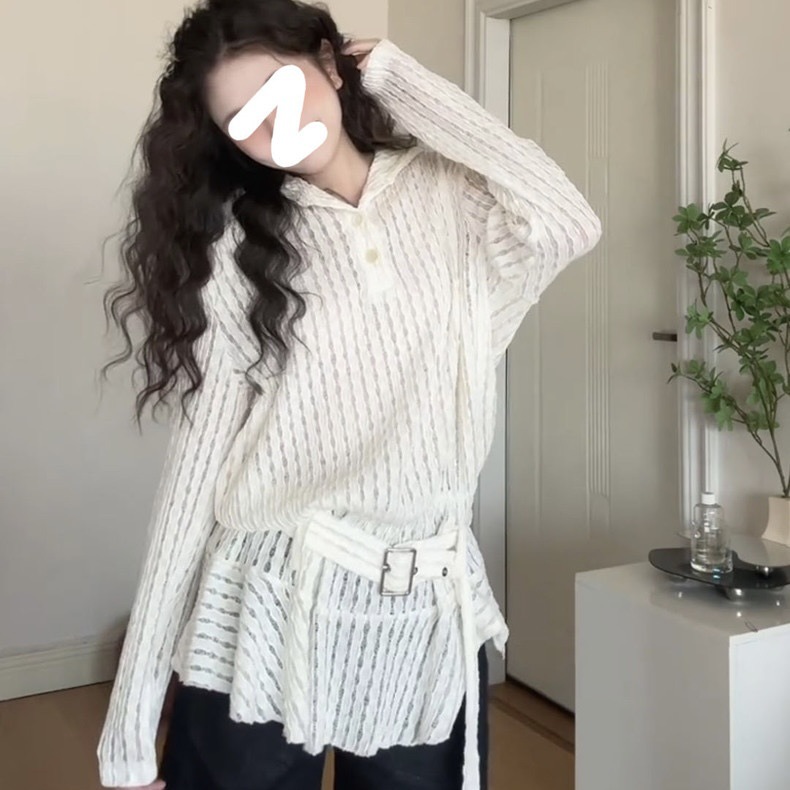 法式镂空蕾丝荷叶边长袖针织衫女春秋季新款中长款连帽卫衣裙上衣