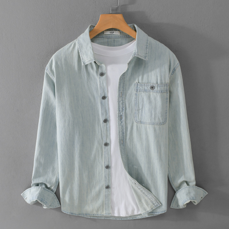 牛仔衬衫男士春秋季款长袖寸衣服休闲浅蓝色男装外套纯棉外穿衬衣