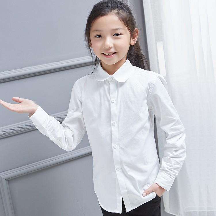儿童白衬衫女长袖中大童小学生白色衬衣校服女生表演服白寸衫
