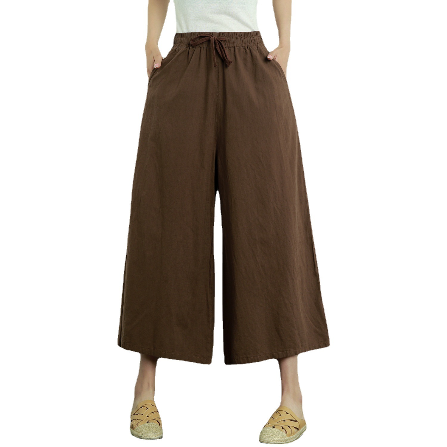 21年春夏新品苎麻裙裤阔腿女水洗棉麻大码裤裙外穿休闲八分裤