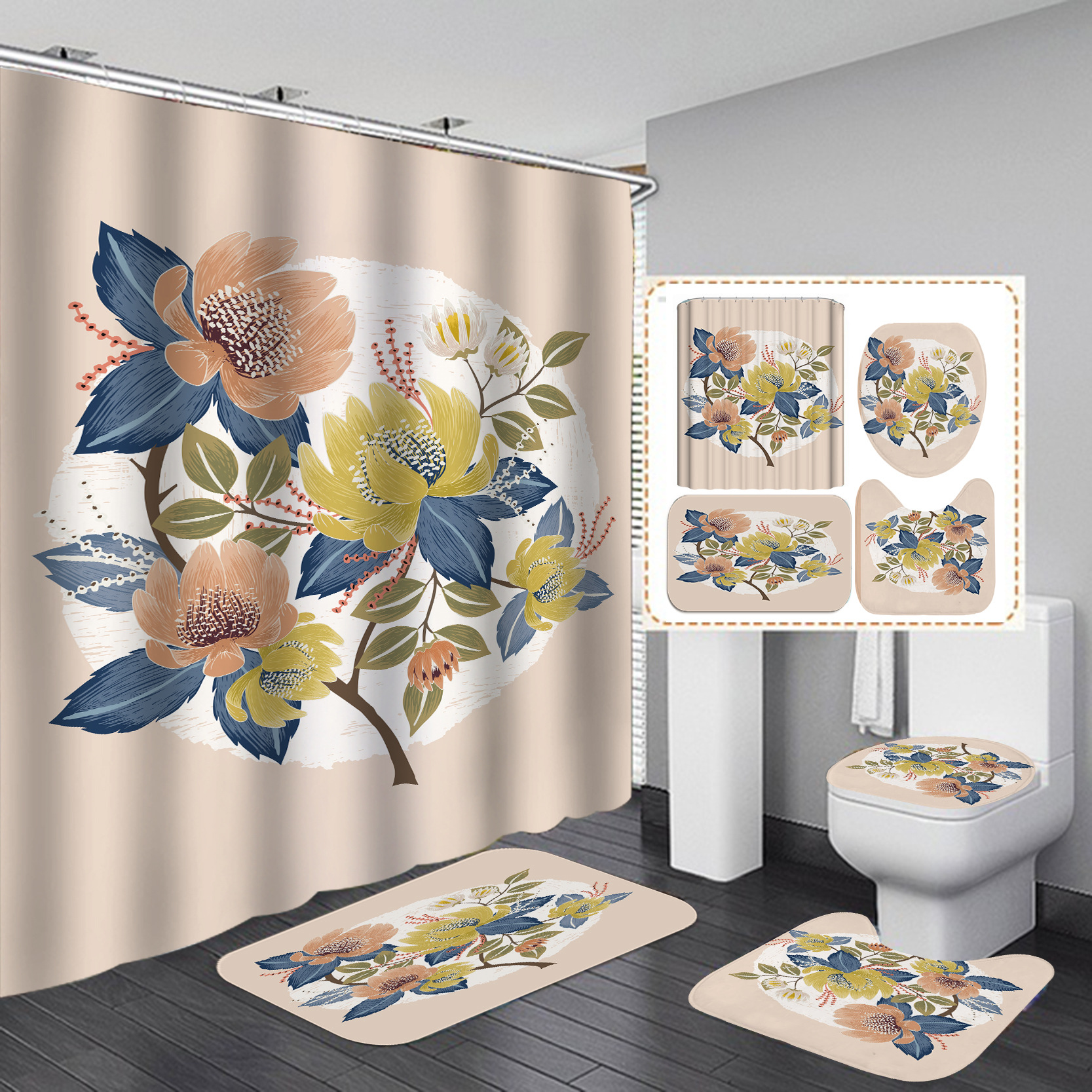 HD Digital Printing Shower Curtain Set Waterproof Punch-Free Partition Curtain Bath Curtain Hotel Toilet Rain Curtain