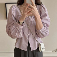 韩国chic春季温柔香芋紫方领露锁骨褶皱设计收腰显瘦泡泡袖衬衫女