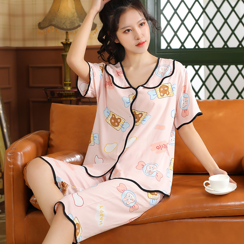 短袖棉绸睡女夏季2022年新款人造棉家居服日系爱心学生绵绸套装薄