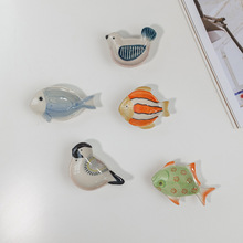 出口订单日式风格陶瓷手绘釉下彩可爱的小鱼小鸟蘸碟酱油碟小碟子