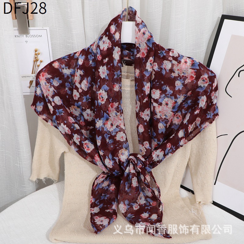 Voile Cotton and Linen Floral Square Scarf Women's Fashion Printed Thin Scarf Work Sun Protection Dust-Proof Closed Head Scarf Wholesale