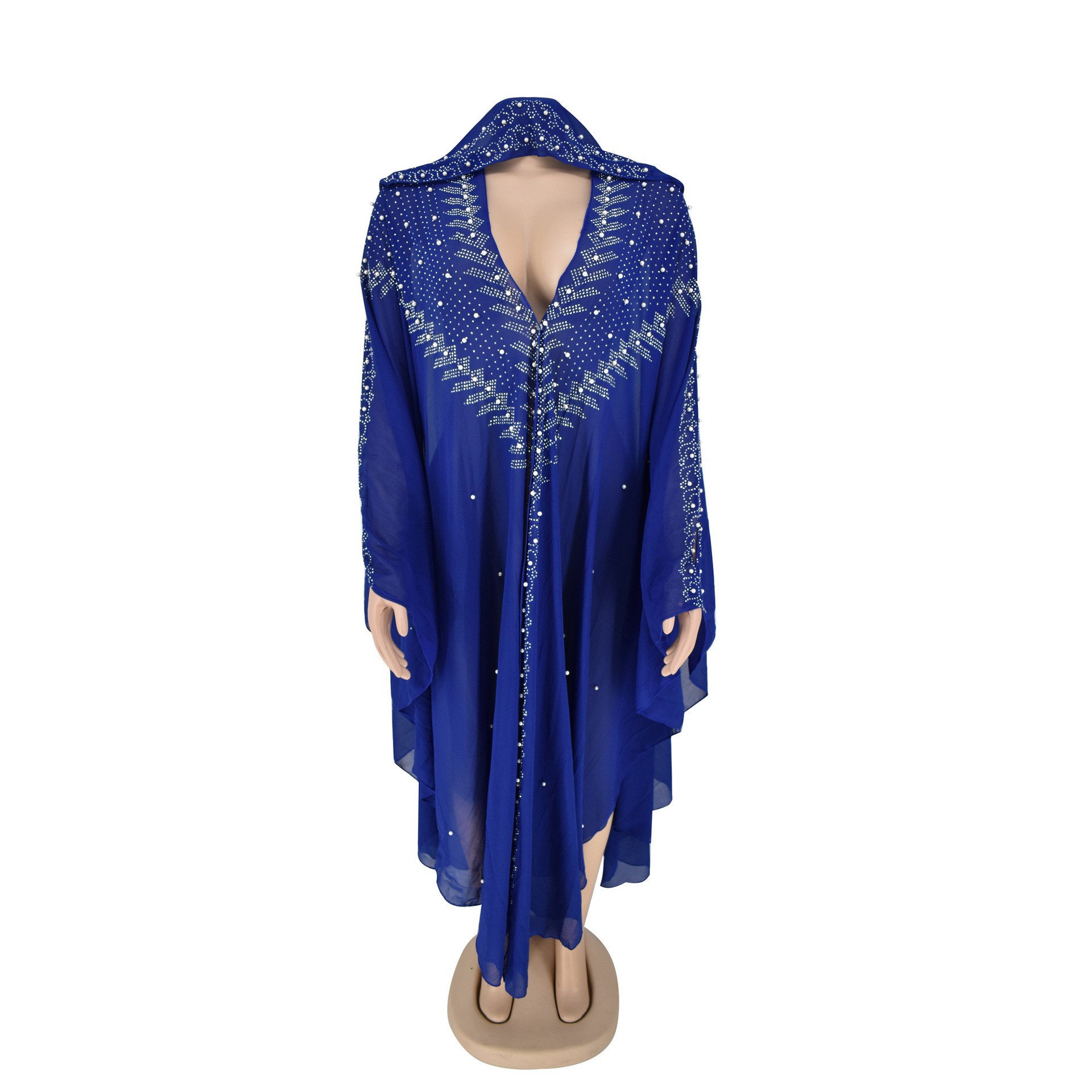 Cross-Border Hot Selling African plus Size Fashion Rhinestone Beaded Chiffon Hooded Gown Sexy V-neck Sleeveless Tube