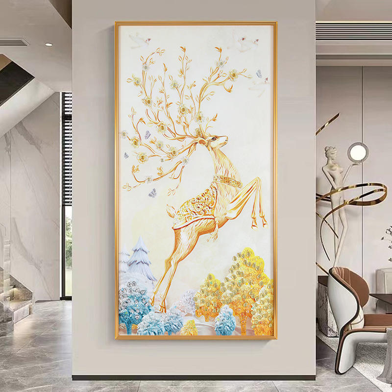 轻奢风玄关装饰画现代简约走廊竖版大尺寸客厅过道鹿鹿畅通挂画