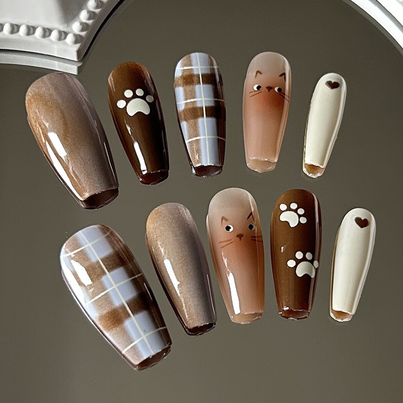 慵懒猫咪穿戴甲渐变指甲贴片雾面蓝美甲片新款假指甲美甲贴片成品