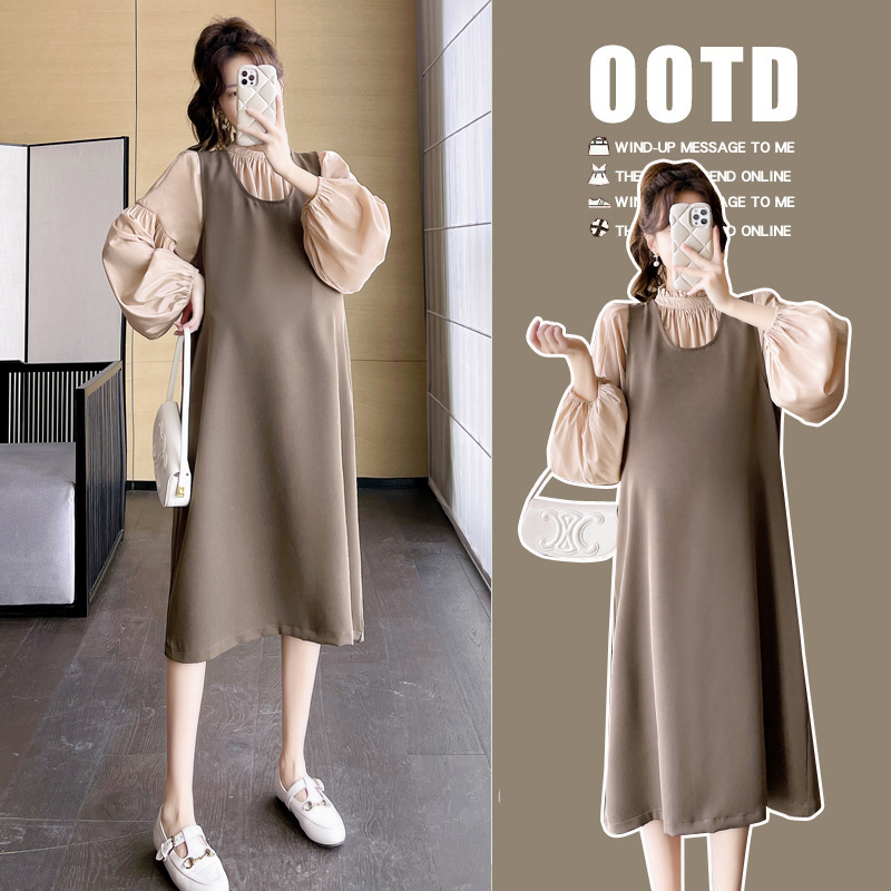 孕妇装套装秋季新款复古灯笼袖衬衫 外穿背带裙两件套时尚春秋款