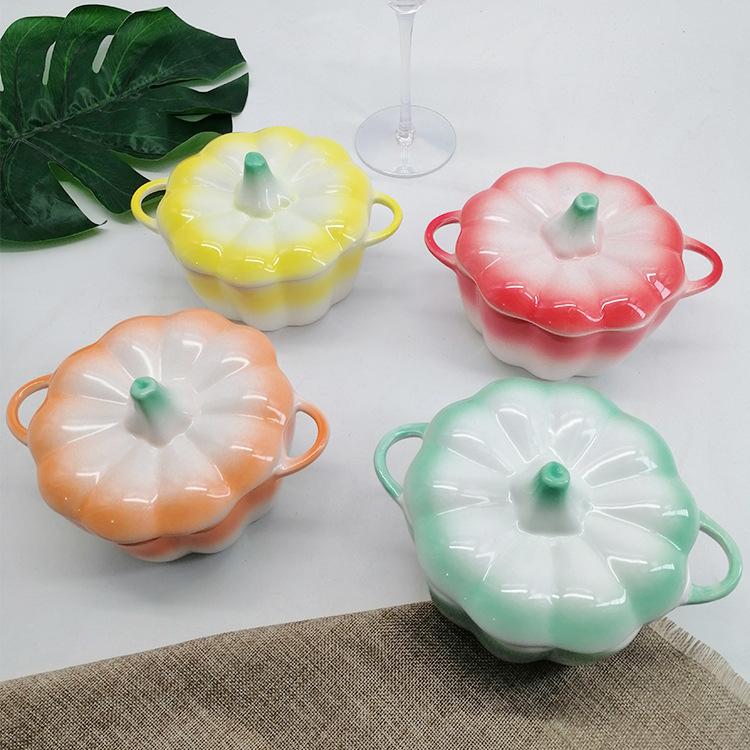 New Steamed Egg Bowl Cute Pumpkin Baking Bowl Household with Lid Slow Cooker Ceramic Pot Binaural Small Bowl Creative Tableware Household